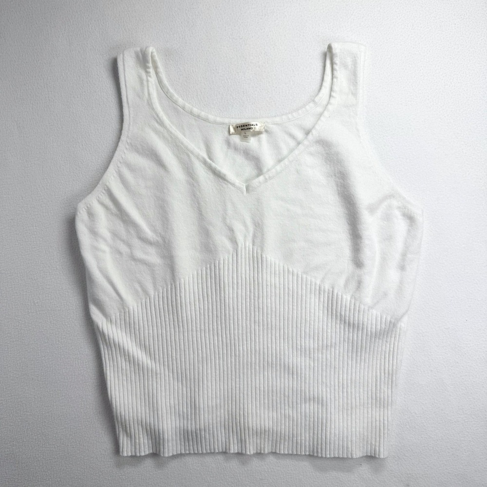 Essentials Milano Womens White Ribbed‎ Knit V-Neck Sleeveless Tank Top Large